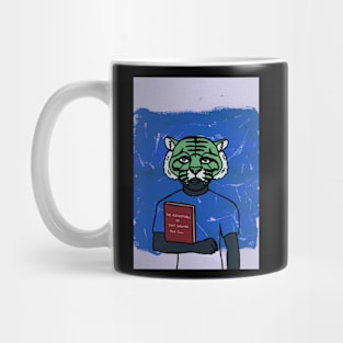 Expressive Male Character with Animal Mask and Green Eyes Reading a Blue Book Mug